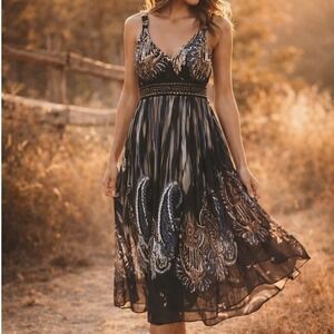 Magic Womens Empire Waist Dress Studded Waist Festival Midi Boho Paisley Print